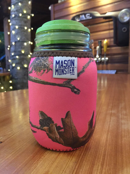 Eco Insulator™ - Jelly Jar- Reversible (Pink & Blue CAMO with Brown Binding & Stitching)