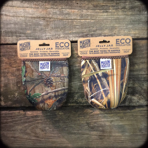 Eco Insulator™ - Jelly Jar - Reversible (Woodland & Wetland CAMO with Brown Binding & Stitching)